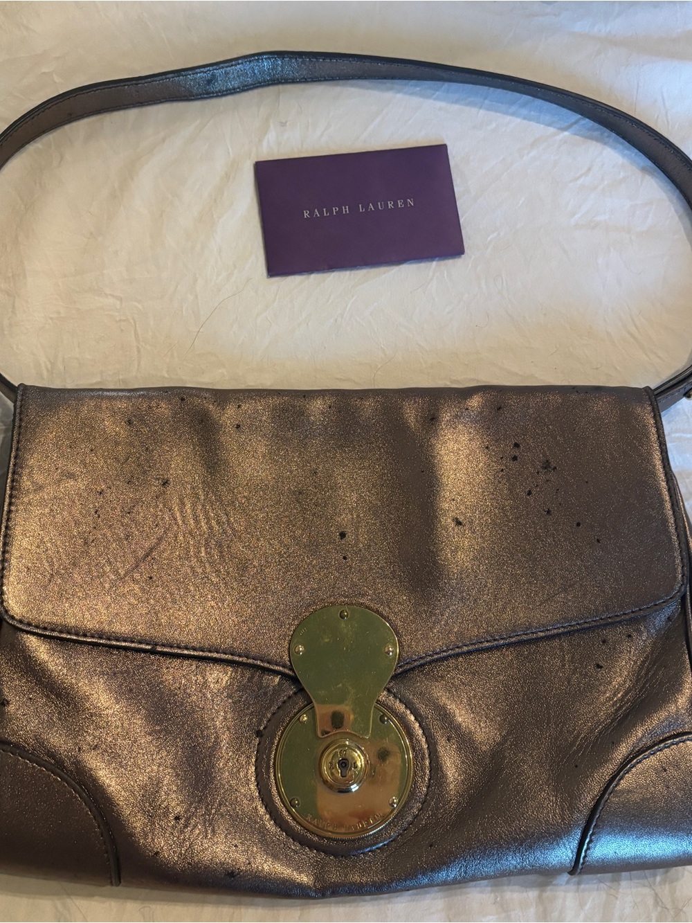 Ralph Lauren Ricky Metallic Bronze Leather Shoulder Bag with Gold-Tone Lock